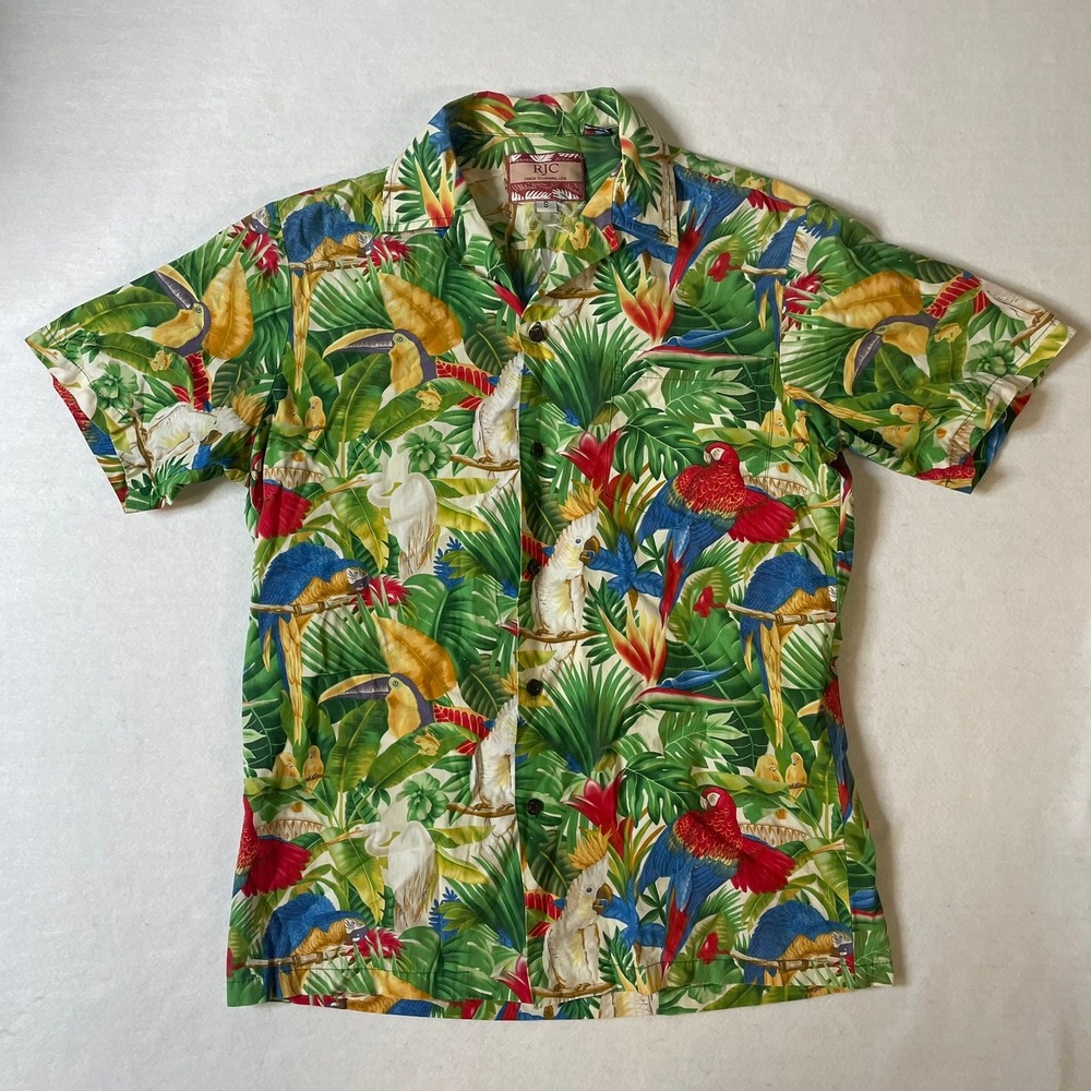 Mens RJC Made in Hawaii Tropical Parrot Toucan‎ Print Aloha Shirt Size S AOP